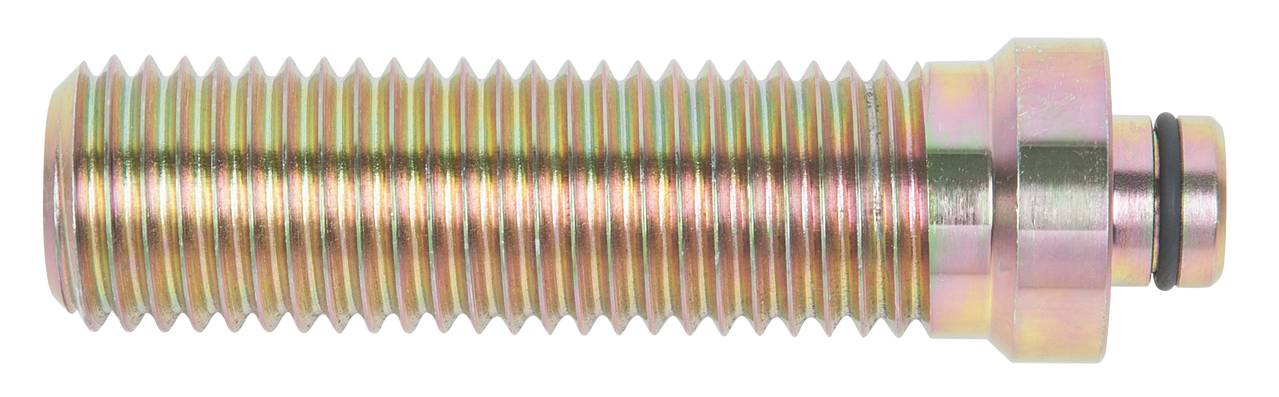Ein metallischer Gewindebolzen mit zylindrischer Form und einem O-Ring an einem Ende, vermutlich Teil eines mechanischen Systems.