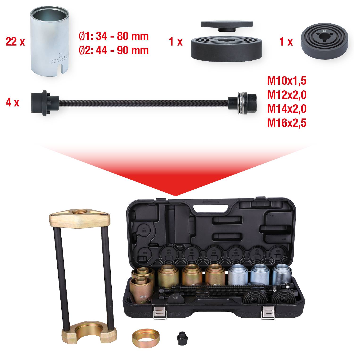Bausatz für Lagerservice: Enthält verschiedene Adapter, Stäbe und Gehäuse in einem schwarzen Koffer. Details zu Größe und Maßen sichtbar.