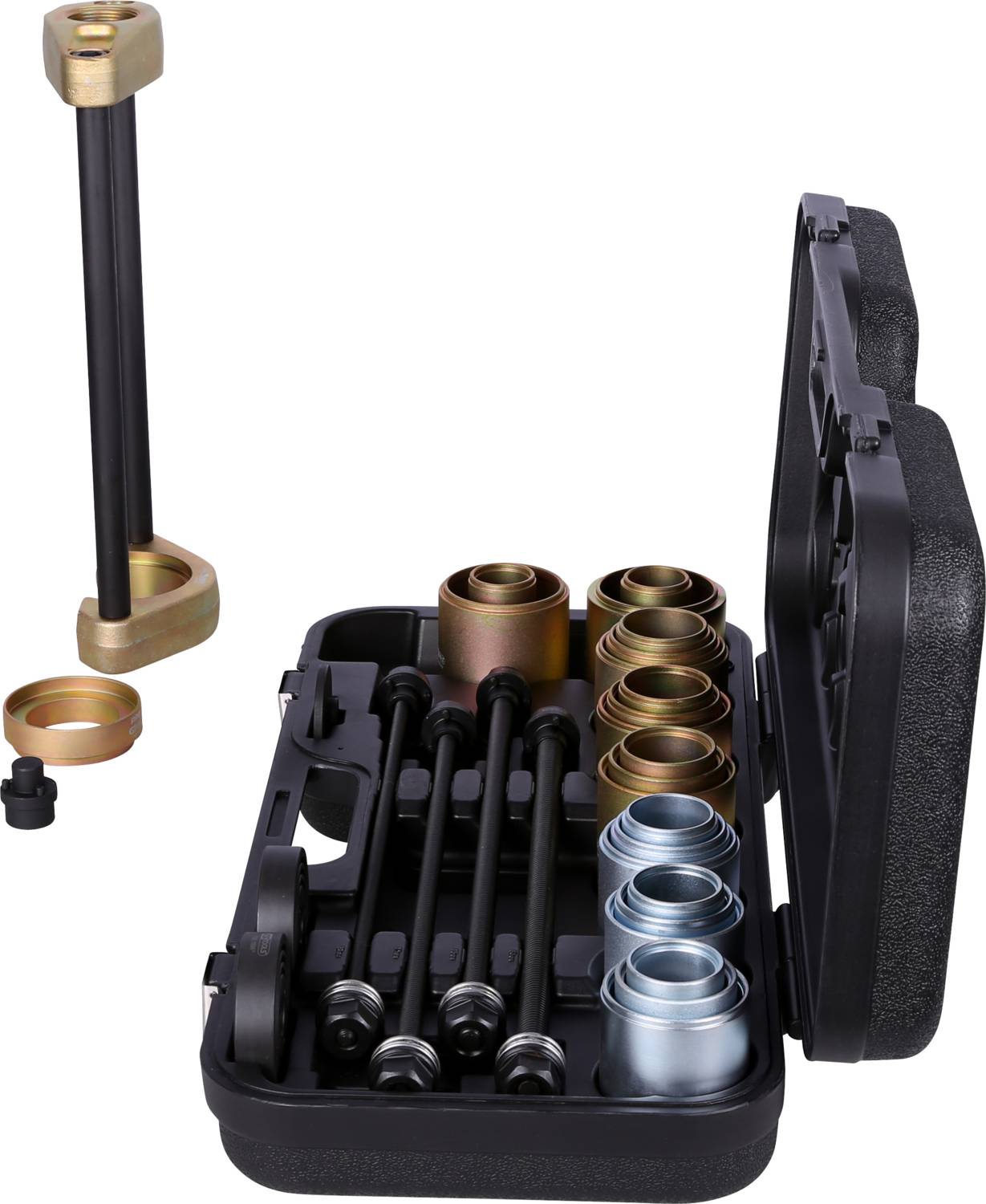 Werkzeugset mit mehreren Metallaufsätzen, Schrauben und langen schwarzen Stangen, geöffnet in einem schwarzen Kunststoffkoffer.