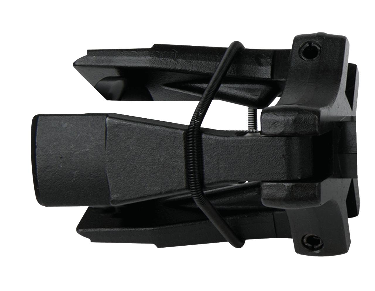 Schwarzes, metallisches mechanisches Teil mit Gelenken und Schrauben, wahrscheinlich ein Teil eines größeren Geräts oder einer Maschine.