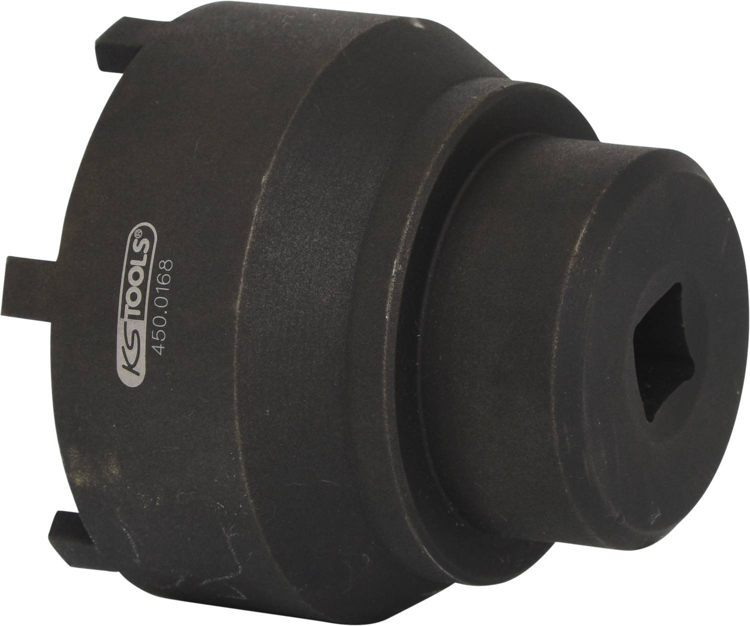 Schlagschraubernuss von KS Tools, Modell 450.0168, in Schwarz, mit quadratischem Antrieb und vierkantigen Befestigungen.