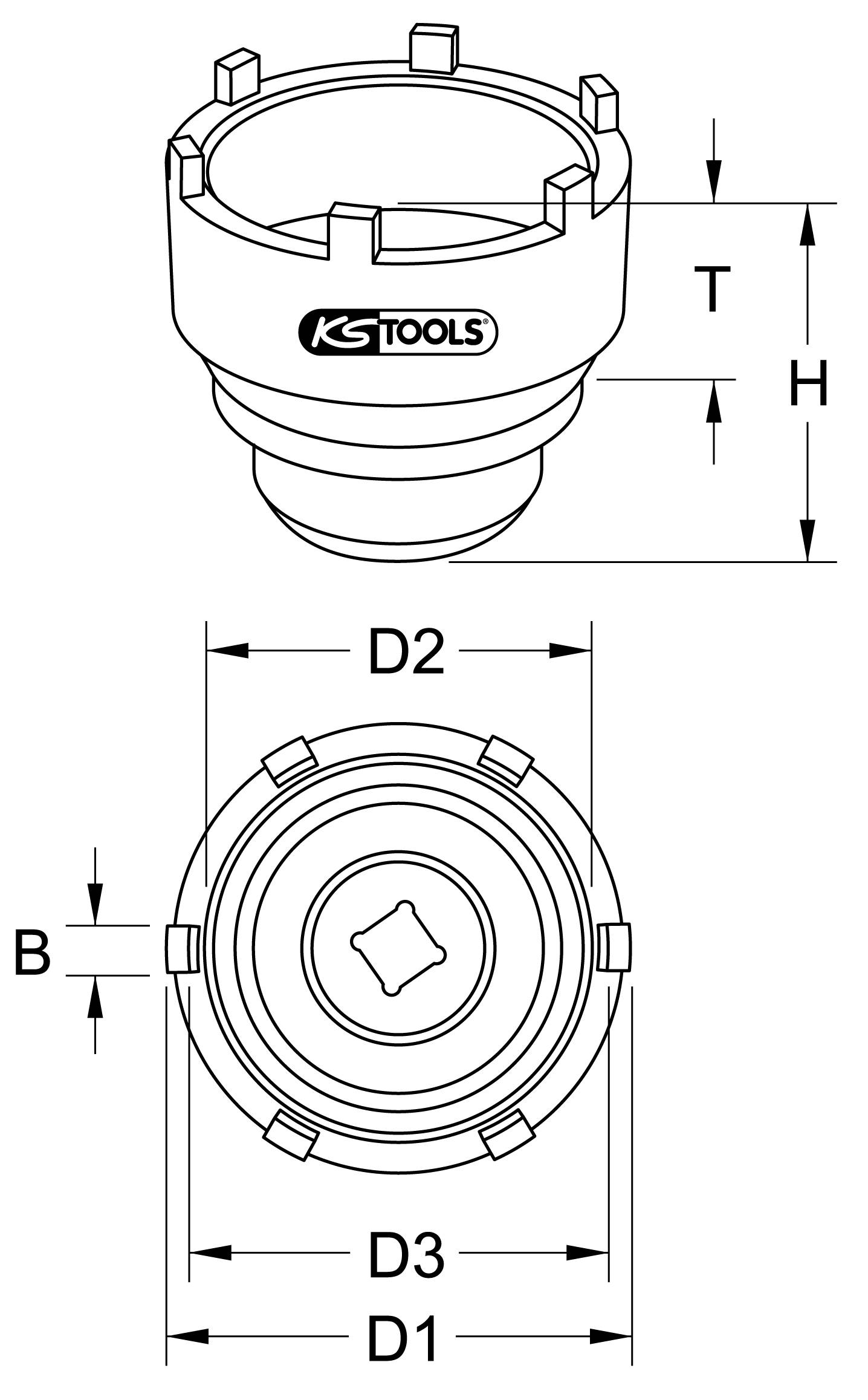 Technische Zeichnung eines Werkzeug-Schlüssels von KS Tools. Oben Seitenansicht mit Maßen T und H, unten Draufsicht mit Durchmessern D1, D2, D3.