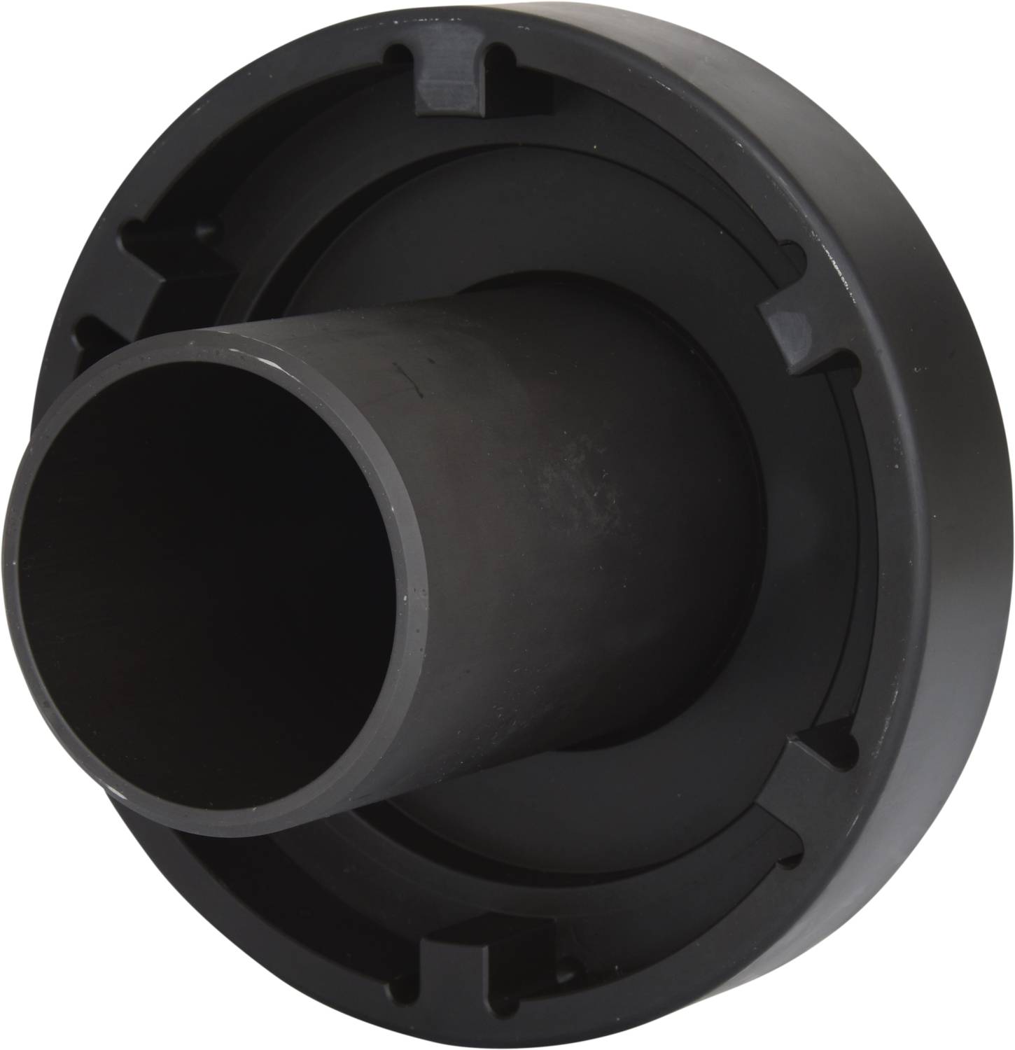 Ein schwarzes, zylindrisches Kunststoffteil mit einem breiten Rand und einer vertieften Mitte, möglicherweise ein Maschinenteil.