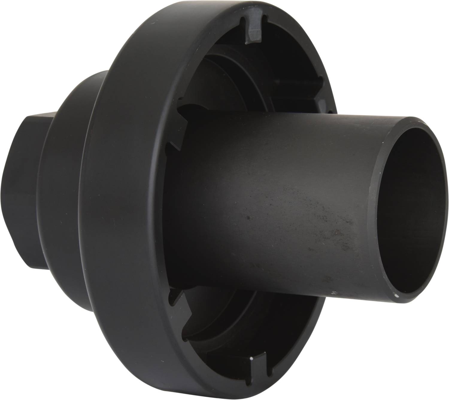 Ein schwarzes mechanisches Bauteil mit zylindrischer Öffnung und einem breiten, flachen Rand. Verwendet für industrielle Anwendungen.