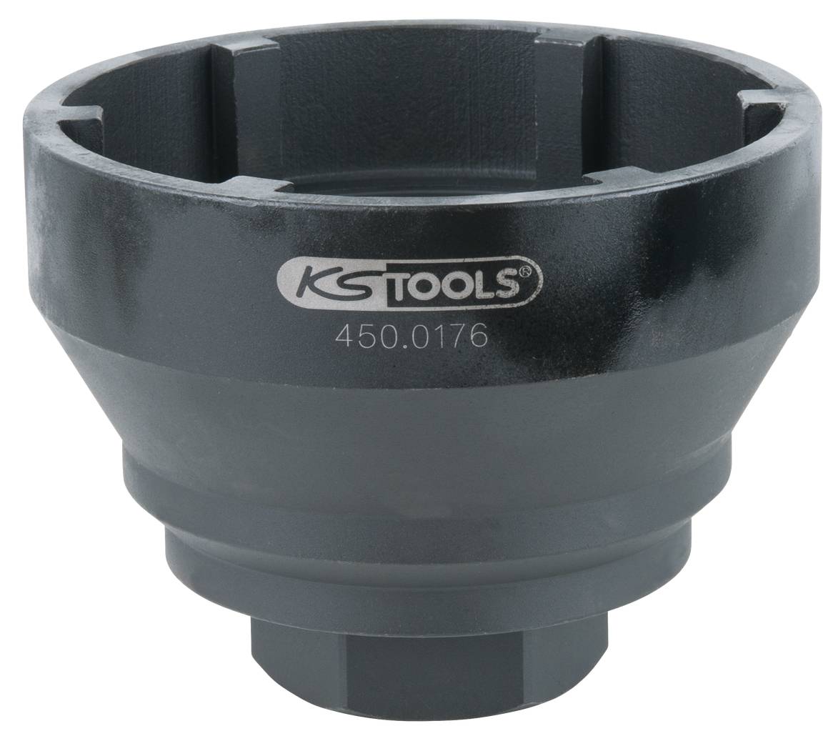 Schwarzes, zylindrisches Werkzeug mit der Aufschrift 'KS TOOLS 450.0176', verwendet zum Entfernen oder Installieren von speziellen Muttern.