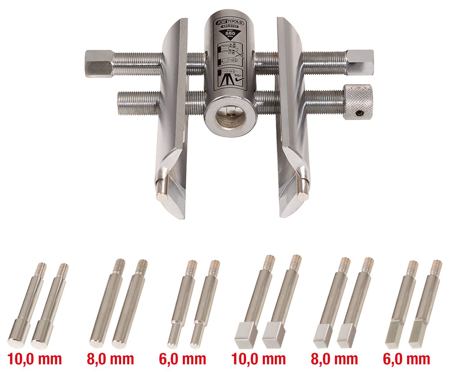Einstellbarer Abzieher mit verschiedenen Spannbacken von 6,0 mm bis 10,0 mm, ideal zum Entfernen von Lagern in unterschiedlichen Größen.