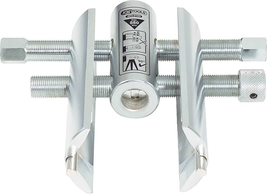 Zweibein-Abzieher aus Metall mit zentralem Zylinder und zwei langen Stellschrauben für das Abziehen von Lagern oder Zahnrädern.