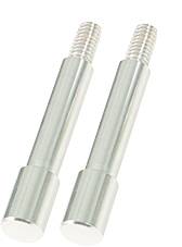 Zwei Metallstifte mit Gewinde an einem Ende, aus glänzendem Material, liegen parallel zueinander auf weißem Hintergrund.