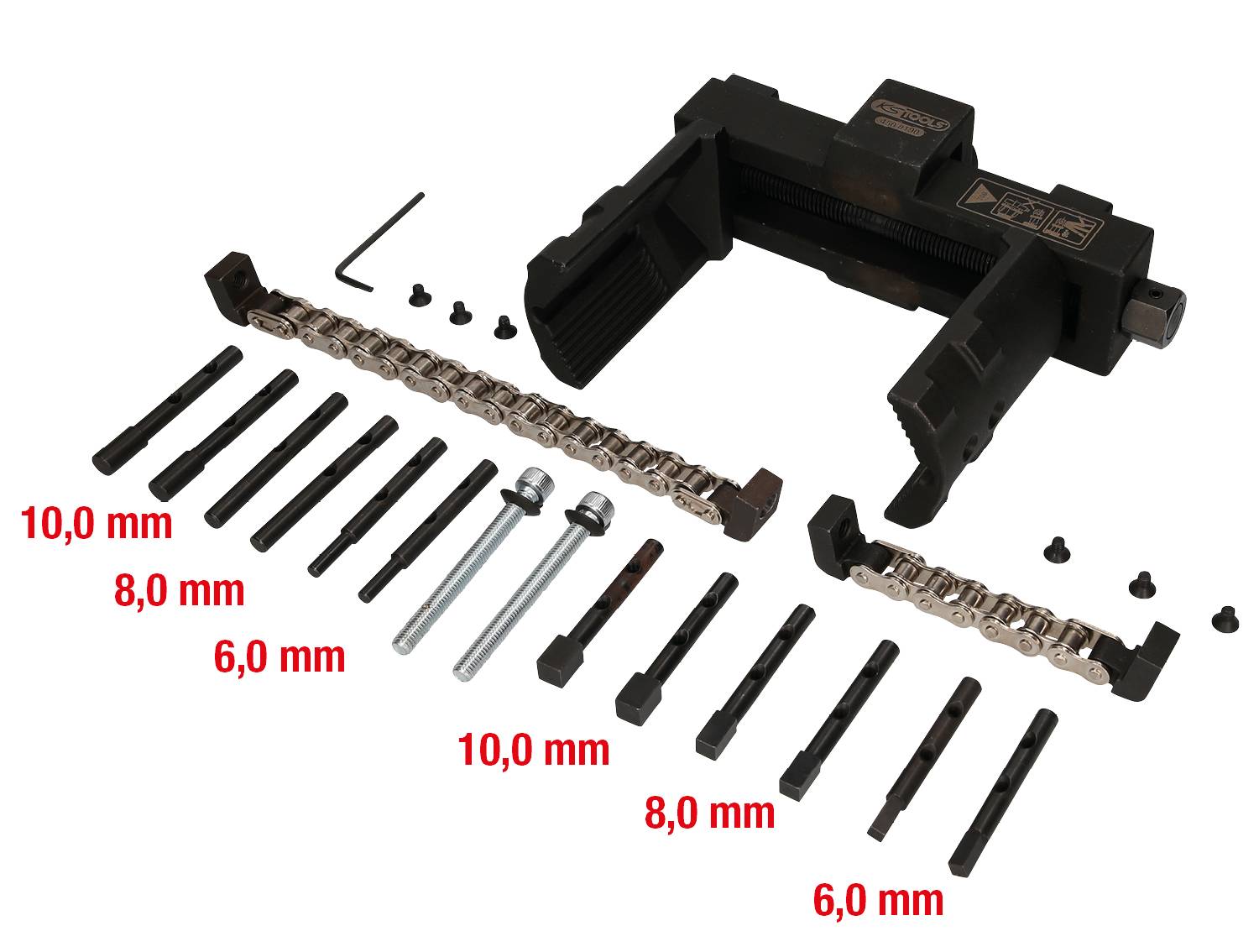 Fahrradkettentrenner-Set mit verschiedenen Kettenführungen (10,0 mm, 8,0 mm, 6,0 mm), zwei Schrauben und Schraubenschlüssel.