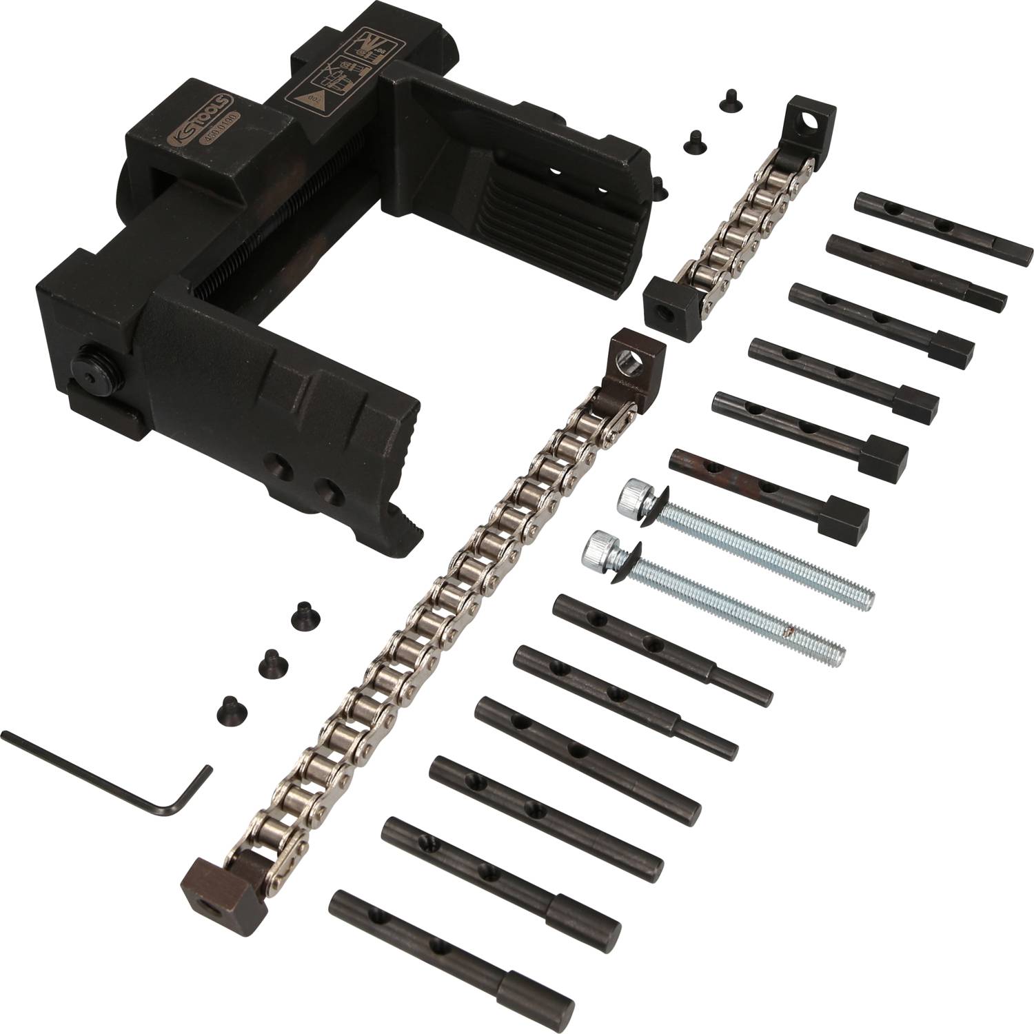 Fahrradkettenglied-Entferner-Kit mit Kettenverschleißmesser, Schrauben, Bits und einem Kettennietdrücker. Ideal für Fahrradreparaturen.