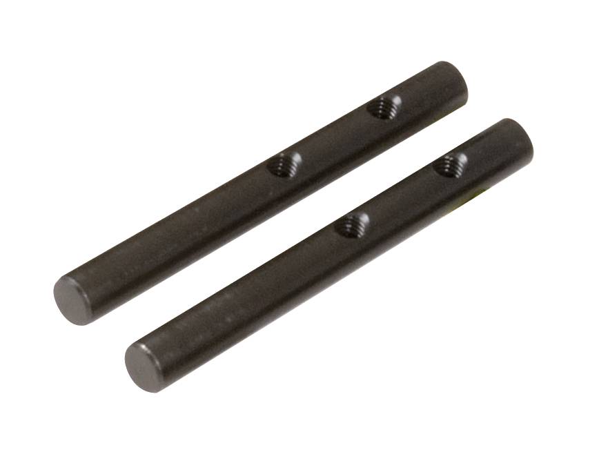 Zwei schwarze zylindrische Metallstangen mit jeweils zwei Gewindebohrungen, nebeneinander auf weißem Hintergrund.