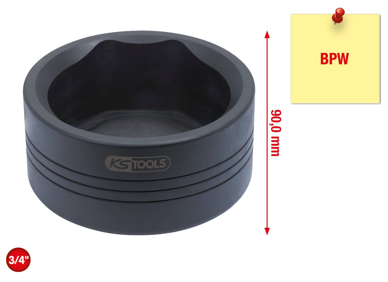 'KS Tools' Spezialwerkzeug, Innenvierkant 3/4 Zoll, Höhe 90,0 mm. Dient zur Montage/Demontage von BPW Radlagern.