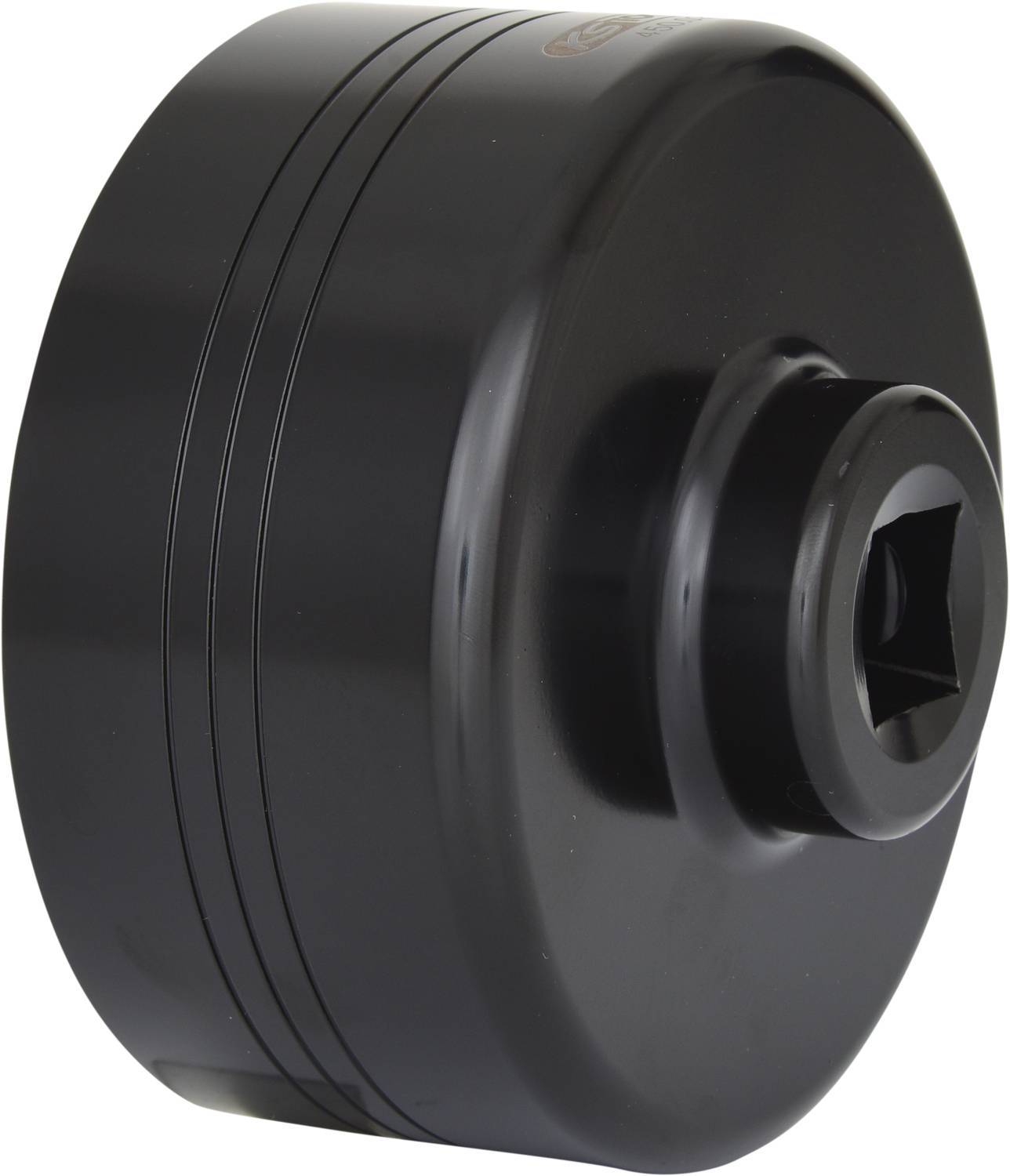 Schwarzer, zylindrischer Ölfilter-Entferner mit quadratischer Öffnung in der Mitte, verwendet in der Kfz-Wartung.