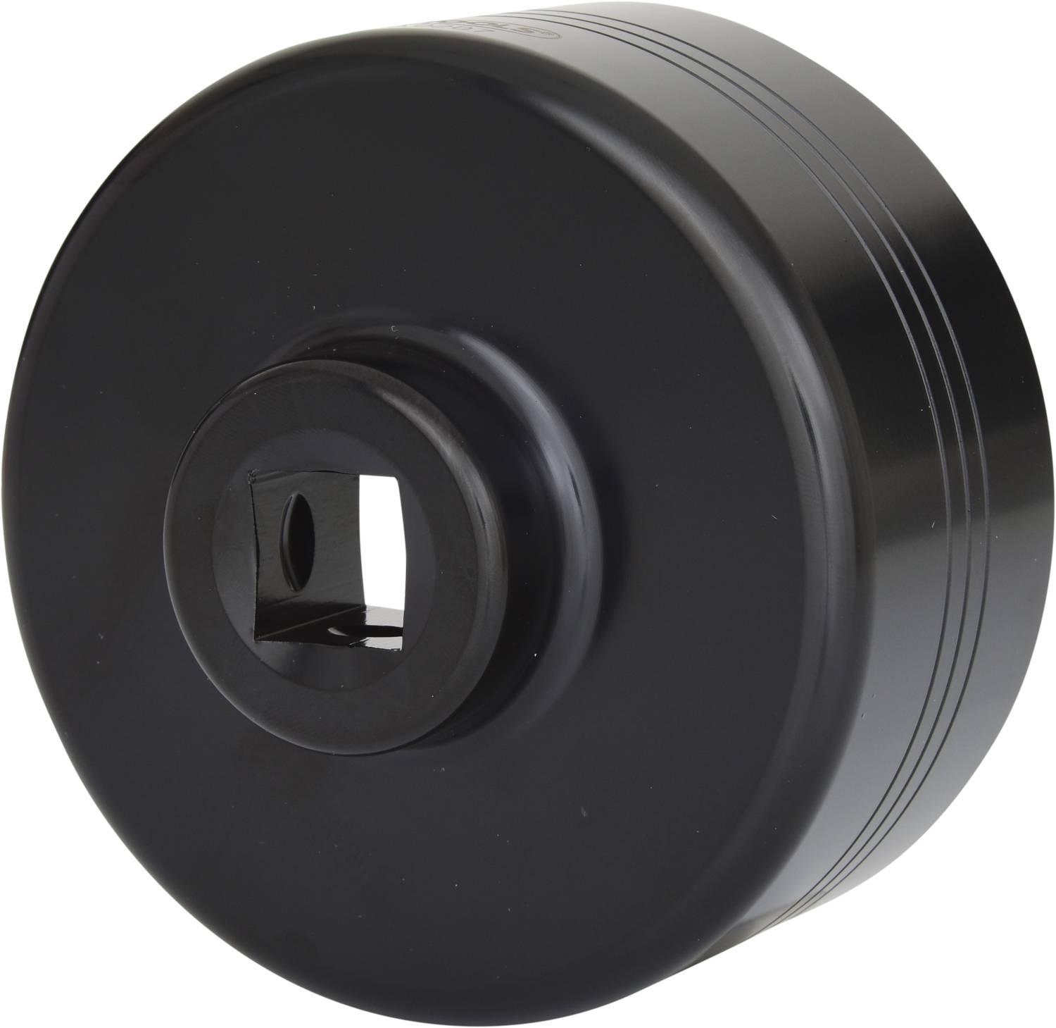 Schwarzes, rundes Metallteil mit zentralem Loch, vermutlich mechanisches Bauteil.