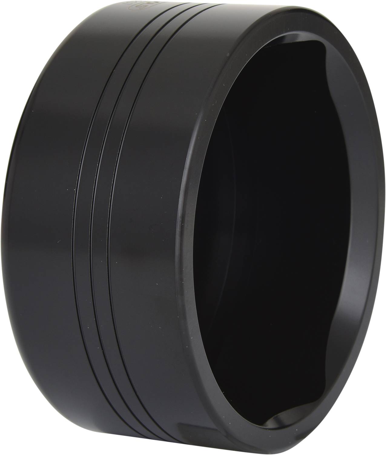 Ein schwarzer, zylindrischer Metallring mit Dellen auf einer Seite und glatter, glänzender Oberfläche.