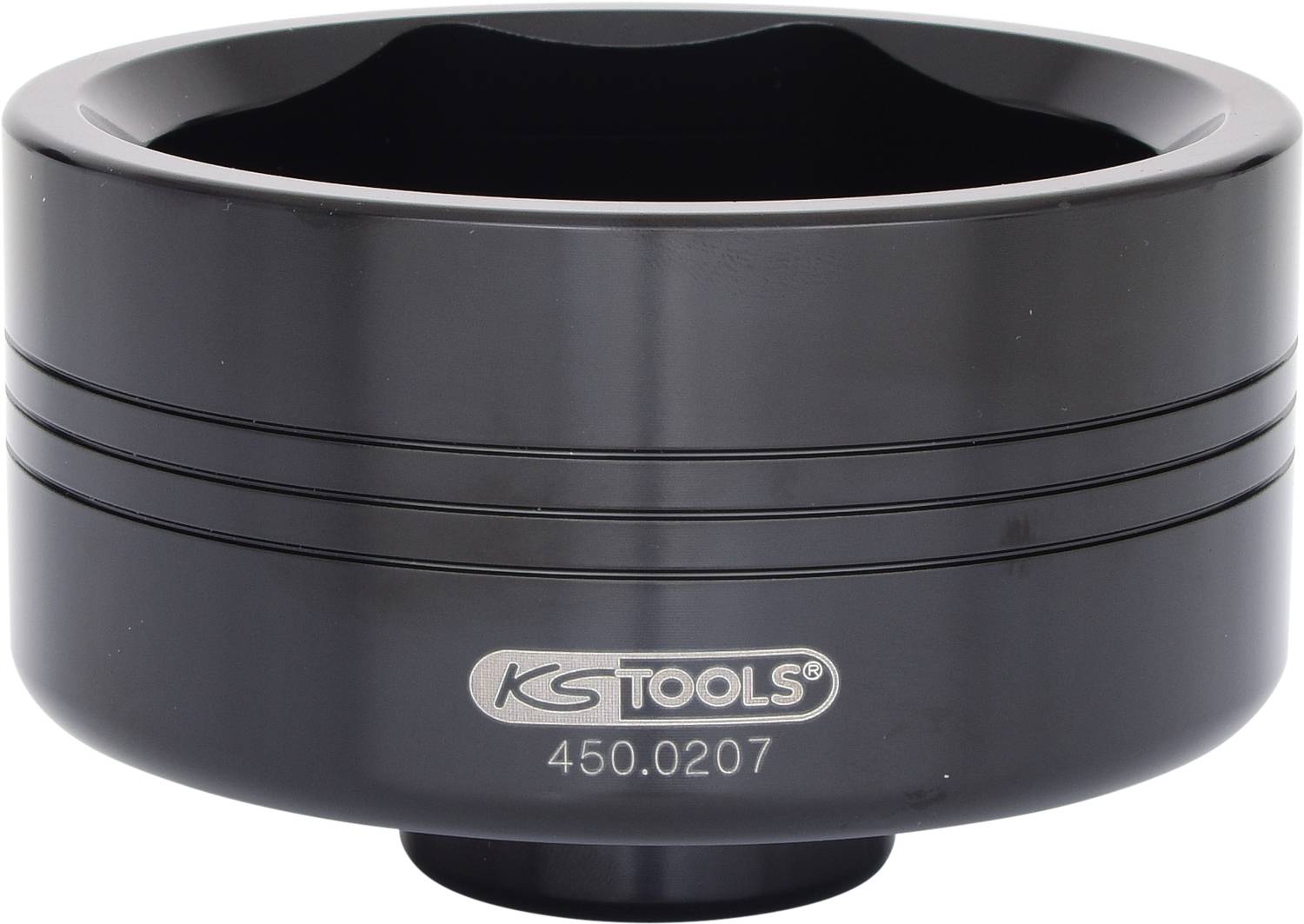 Schwarzes KS Tools Ölfilterschlüssel-Modell 450.0207, zylindrische Form mit geriffelten Linien, dient zum Lösen von Ölfiltern.