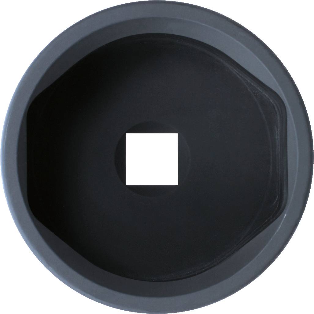 Rundes, schwarzes Objekt mit quadratischer Öffnung in der Mitte, möglicherweise eine Kamerablende oder Linse.