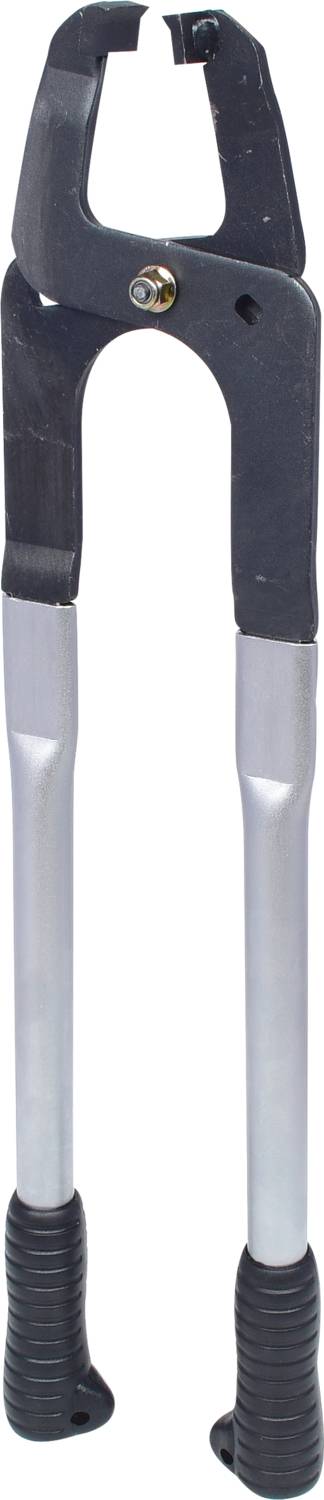 Große, silberne Bolzenschneider mit schwarzen Gummigriffen und einer schwarzen Schneidklinge, senkrecht ausgerichtet.