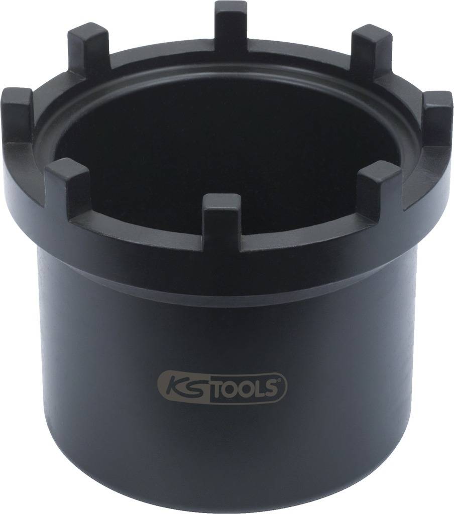 Schwarzer Werkzeugspezialaufsatz mit mehreren Kerben auf der Oberseite. Markenlogo von KS Tools sichtbar.