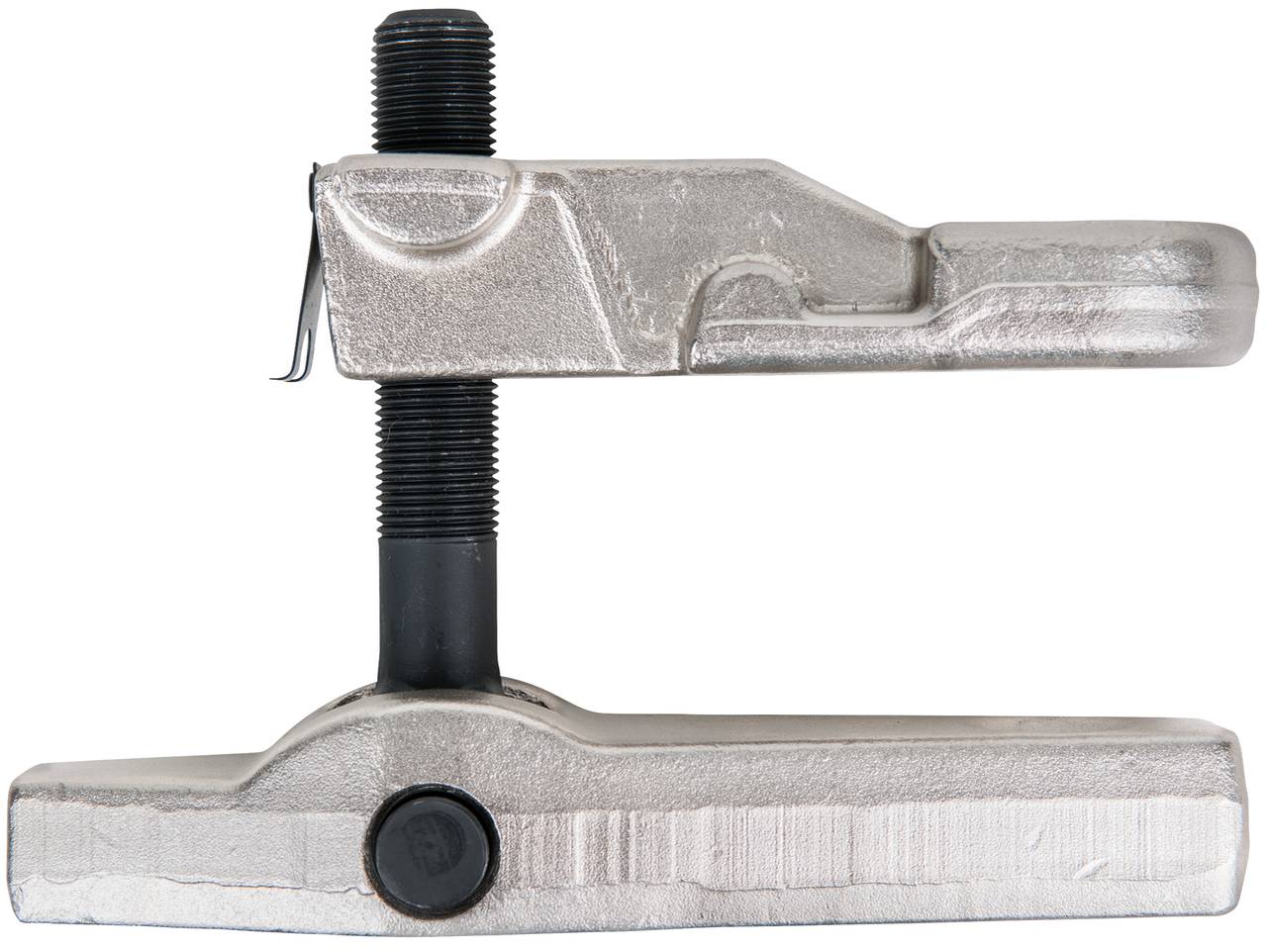 Ein silbernes metallisches Werkzeug mit einer Schraube in der Mitte, das zur Bearbeitung oder zum Fixieren von Materialien dient.