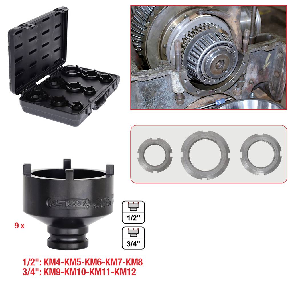 Ein Werkzeugset mit einem schwarzen Etui und vier gewindeten Komponenten zum Reparieren der Ausrüstung eines mechanischen Geräts, das verschiedene Größen zeigt.