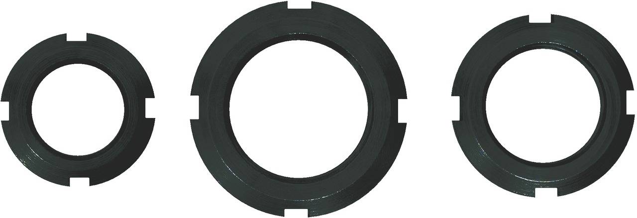 Drei verschiedene Größen von dunklen Dichtungsringen, von links nach rechts angeordnet, vor einem hellen Hintergrund.