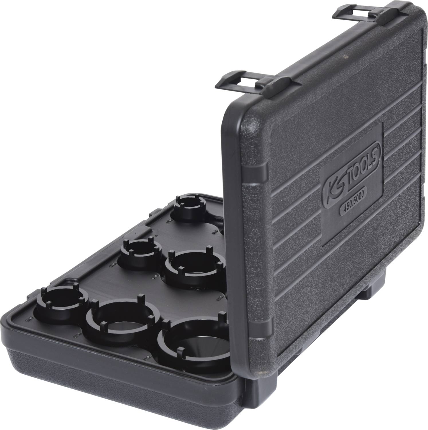 Schwarzer Werkzeugkoffer mit sechs runden Aussparungen im Inneren, leicht geöffnet. Auf dem Deckel das Logo und die Nummer 'KS Tools 153.2060'.