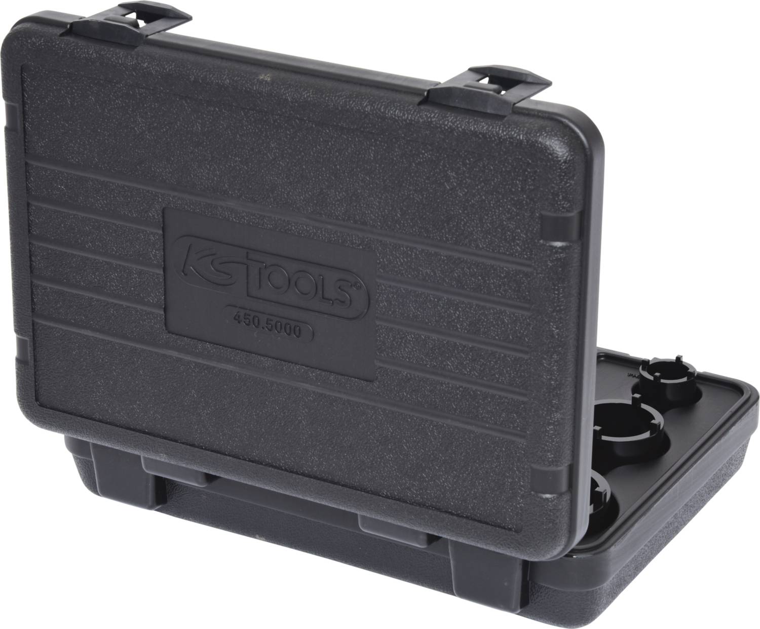 Schwarzer Werkzeugkoffer mit aufklappbarem Deckel, im Inneren sind Halterungen für Werkzeuge sichtbar.