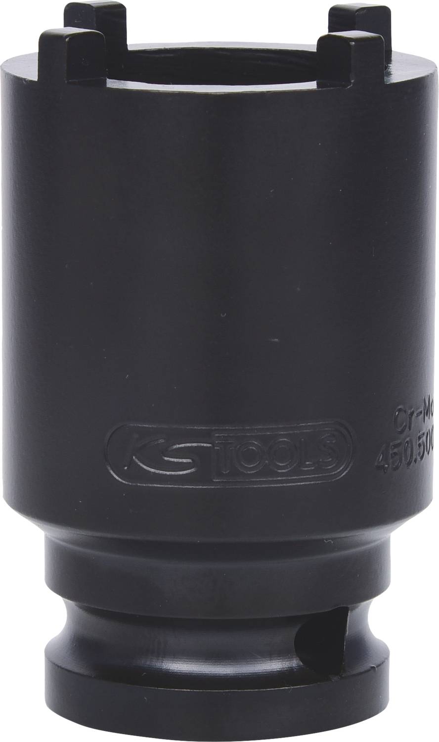 Schwarzer Steckschlüsseleinsatz mit vier Nuten, geeignet für 1000 Newtonmeter Anwendung. Seitenansicht mit sichtbarem Markenlogo.