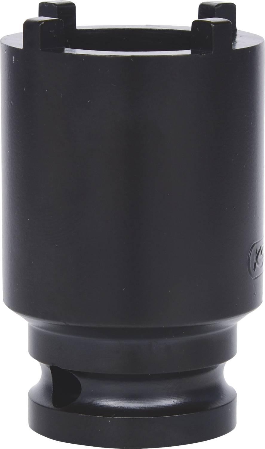 Schwarzer zylindrischer Metalladapter mit eingekerbter Spitze, genutzt für spezielle Verbindungszwecke in Maschinen oder Geräten.