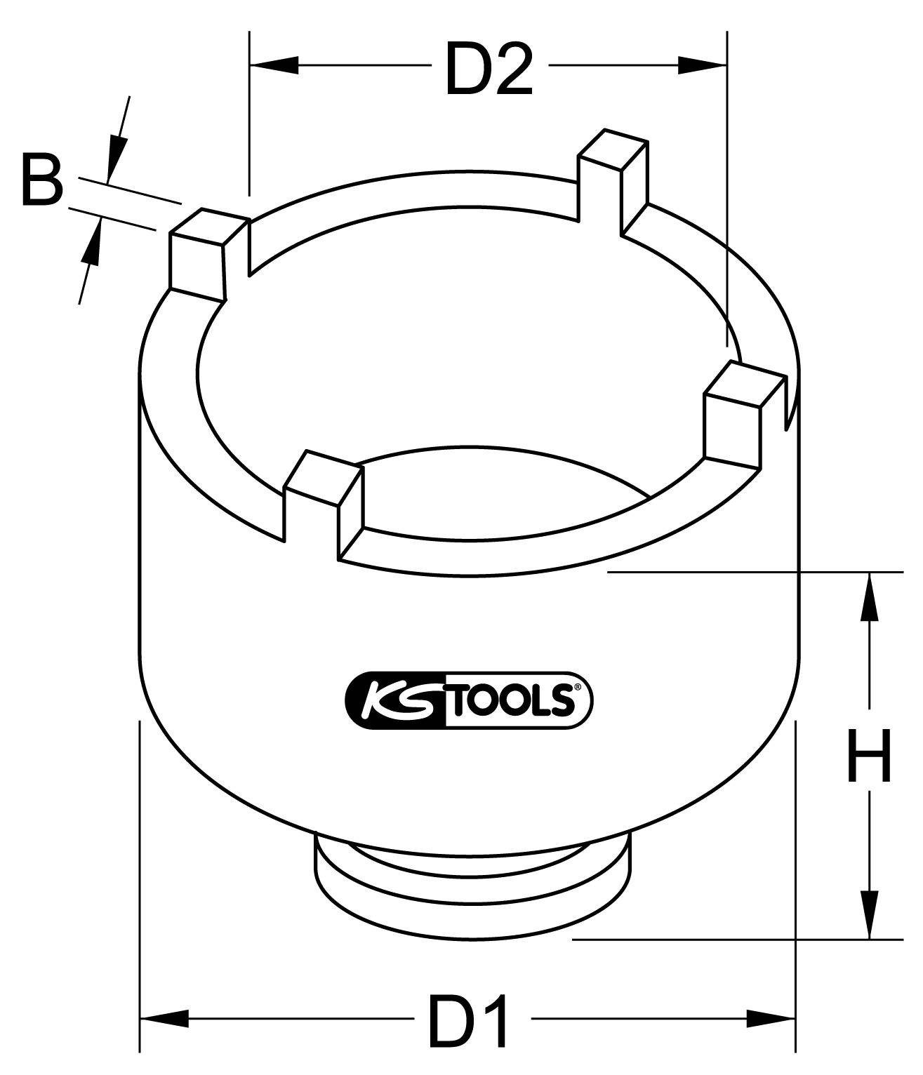 Diagramm eines zylindrischen Werkzeugs mit den Maßen: D1, D2, H und B. 'KS TOOLS'-Logo auf der Vorderseite sichtbar.