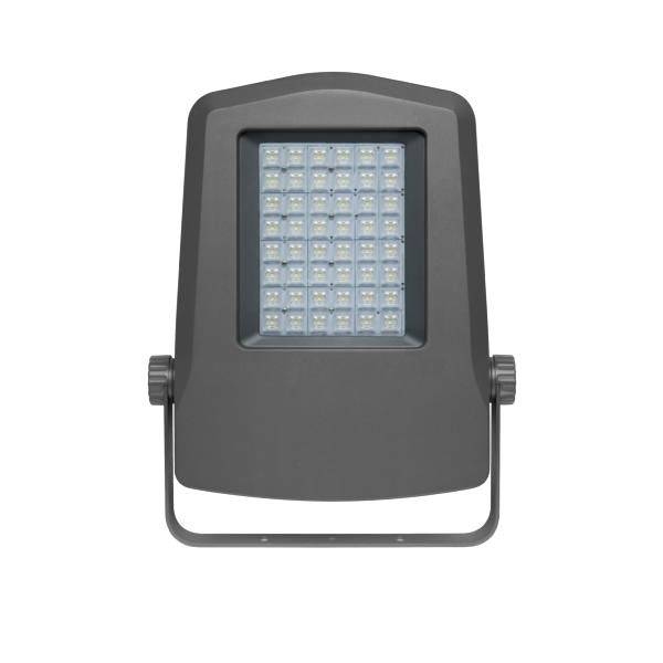 Ein rechteckiger LED-Strahler in einem schwarzen Gehäuse, geeignet für Außenbeleuchtung, zeigt ein Raster aus leuchtenden LEDs.