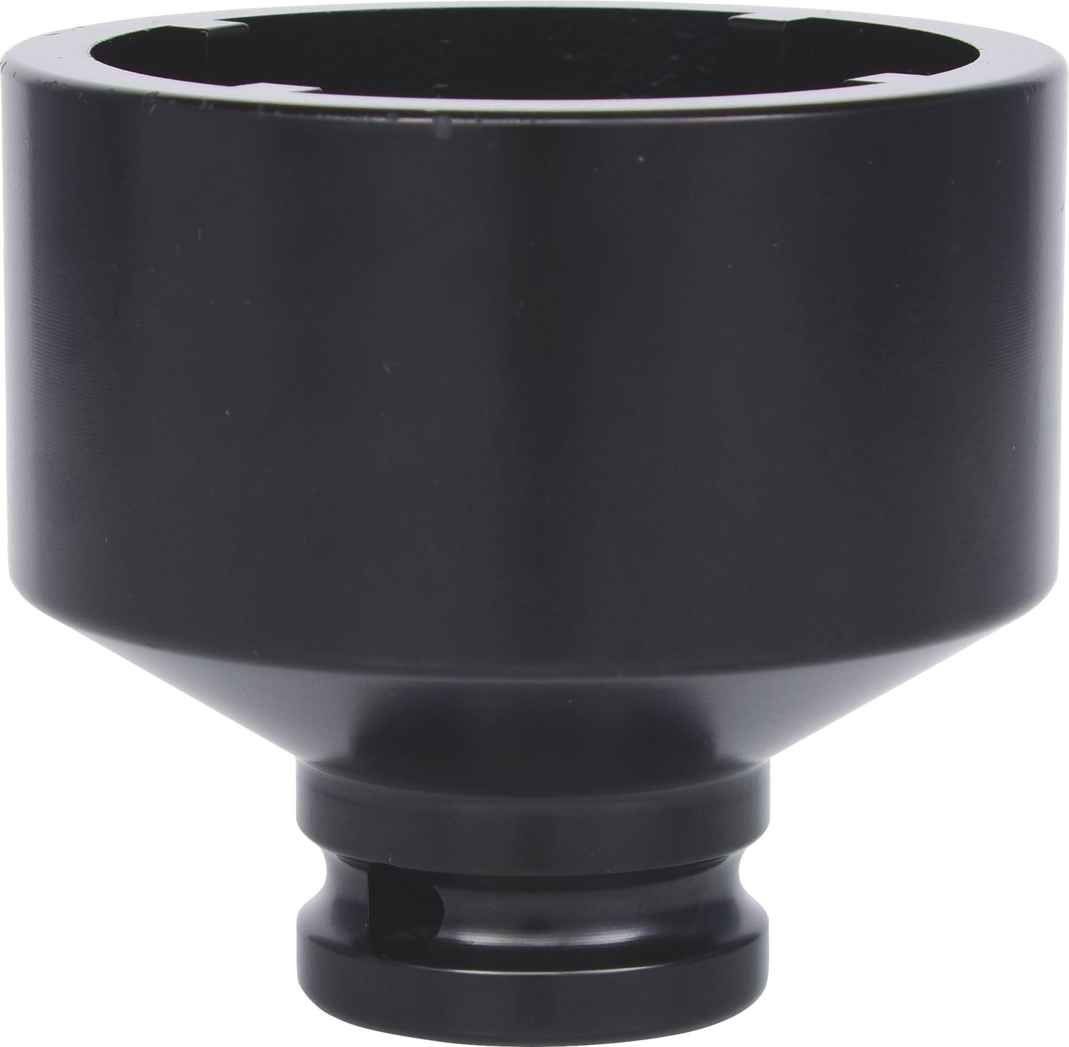 Schwarzer zylindrischer Adapter mit breitem Rand und schmaler Basis, möglicherweise für technische oder industrielle Zwecke.