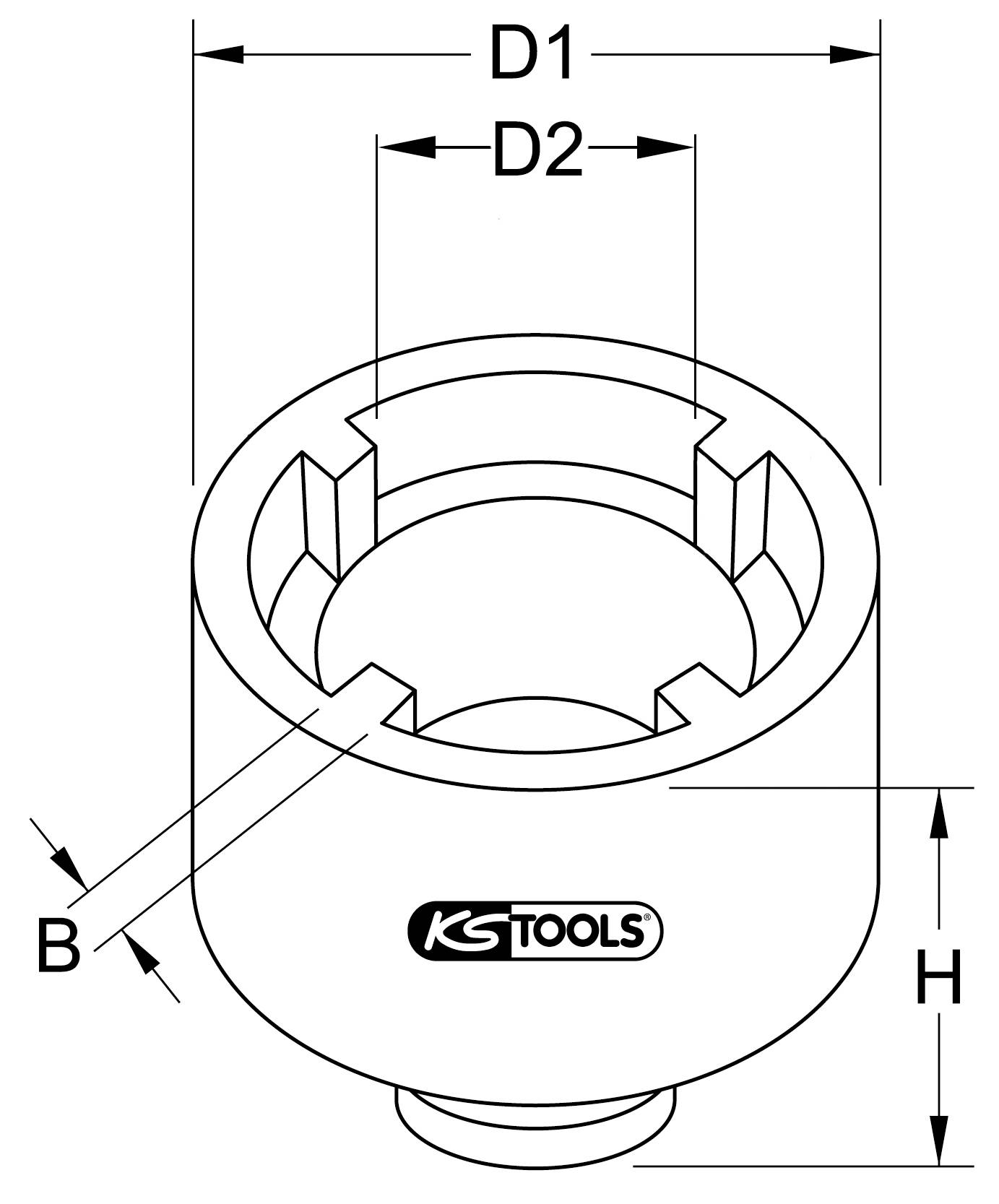 Technische Zeichnung einer Stecknuss von KS Tools mit Maßangaben D1, D2, B und H. Sie zeigt Innen- und Außenmaße sowie das Design der Nuss.