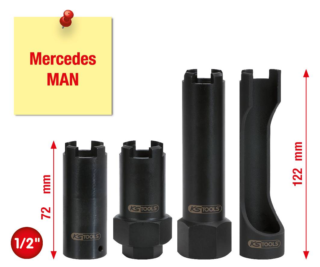 'Spezialwerkzeug-Set mit vier schwarzen Steckschlüsseln zur Nutzung bei Mercedes und MAN. Größen: 72 mm bis 122 mm, 1/2