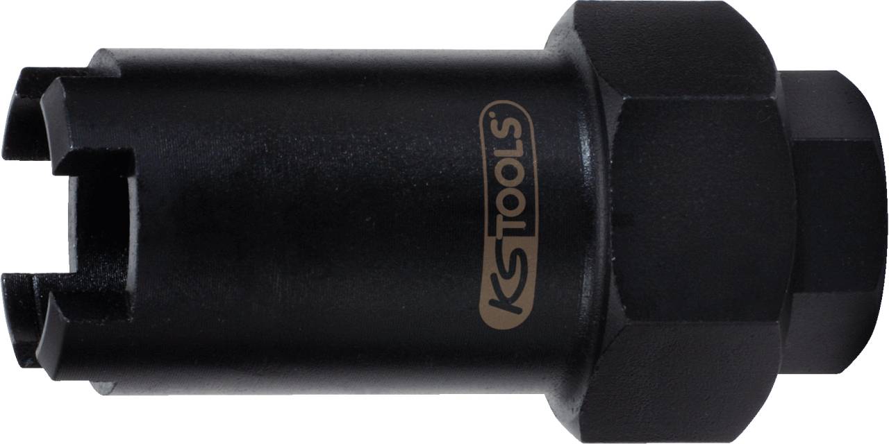 Schwarzes Kettenrad-Werkzeug von KS Tools, zylindrische Form mit gerilltem Ende, zum Entfernen von Fahrrad-Kettenrädern.