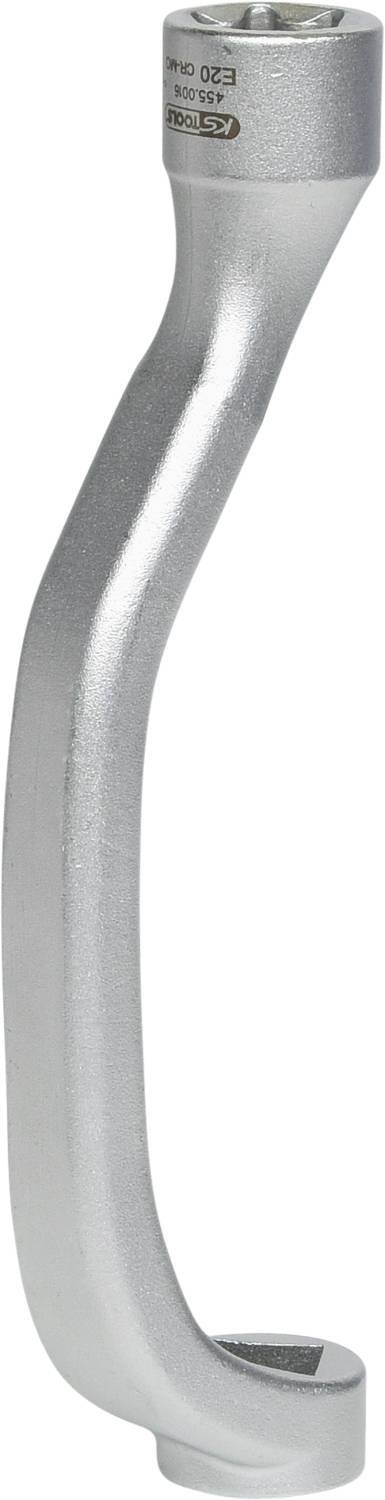 Eine silberne, gebogene Handkurbel mit Steckschlüsseleinsatz. Ideal zum Anziehen oder Lösen von Muttern und Schrauben.