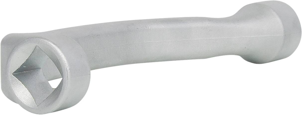 Ein gebogenes silbernes Werkzeug mit quadratischer Öffnung an einem Ende, möglicherweise ein Hebel oder Adapter für spezielle Anschlüsse.