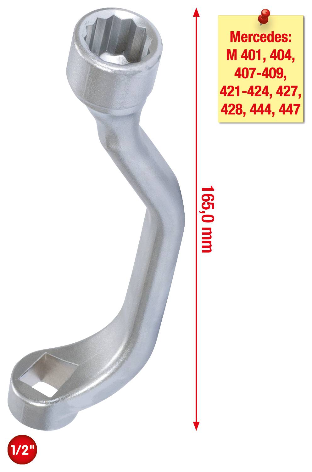 Bild eines silbernen, gebogenen Ringschlüssels. Roter Pfeil zeigt Länge: 165,0 mm. Geeignet für Mercedes-Modelle: M 401, 404, 407-409, 421-424, 427, 428, 444, 447. Quadratgröße: 1/2
