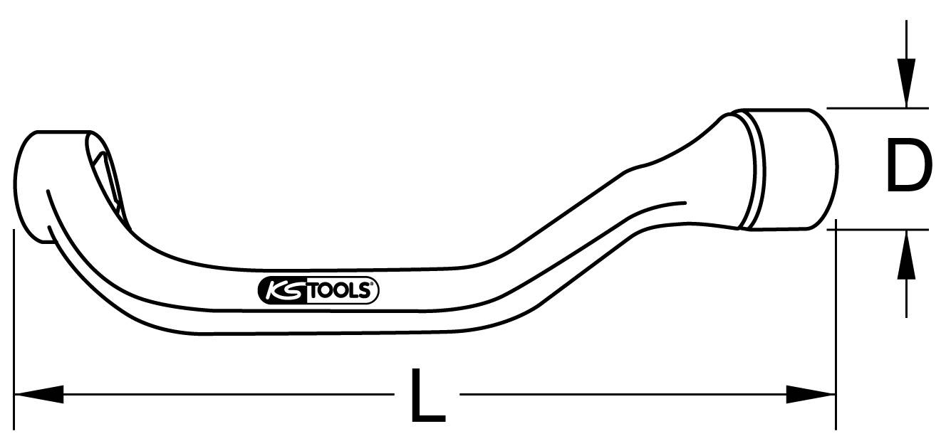 Produktskizze eines Werkzeugs mit Längenangabe L und Durchmesserangabe D. Markierung mit Logo von KS Tools.