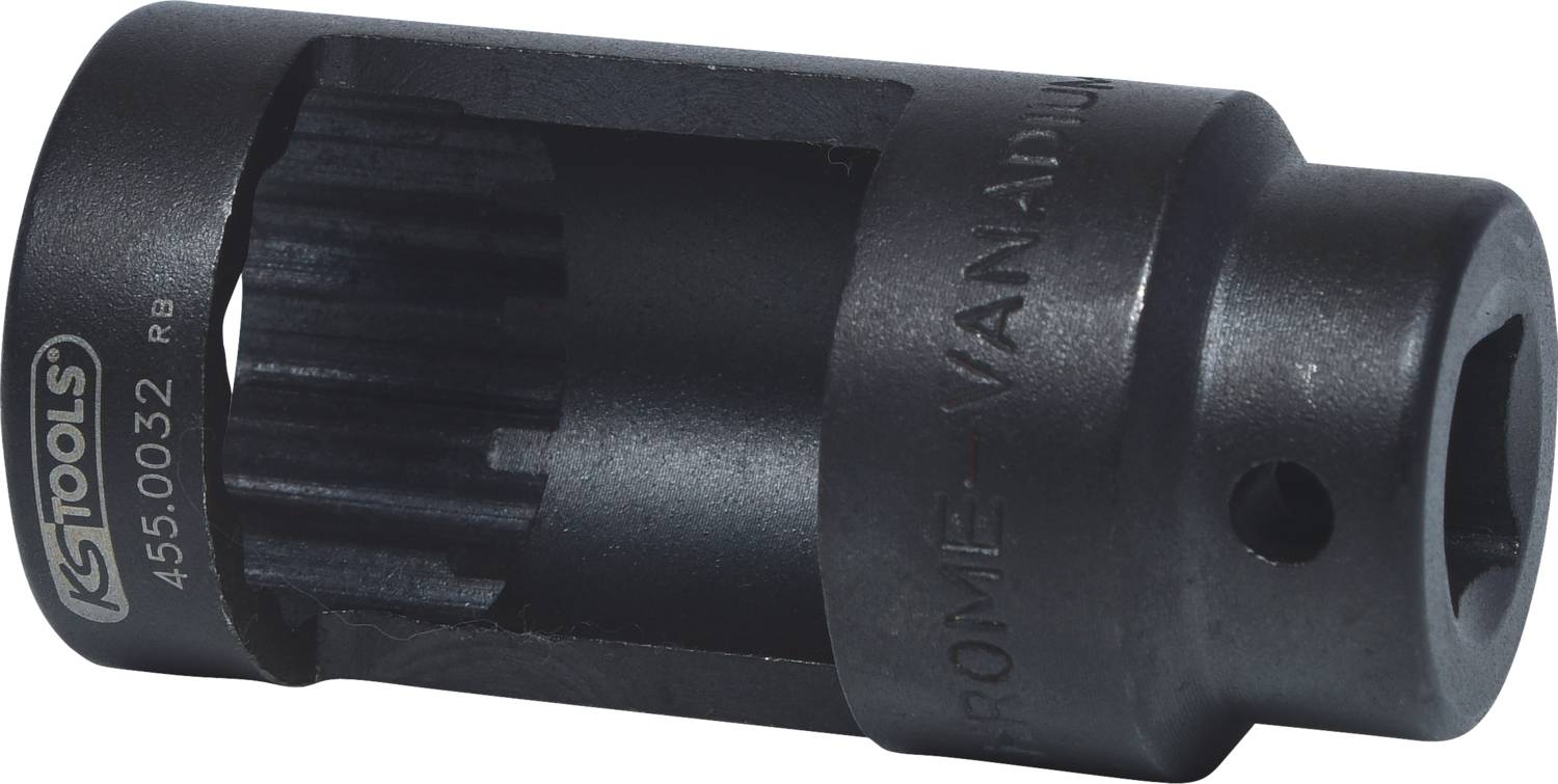 Steckschlüssel aus Chrom-Vanadium-Stahl mit seitlichem Durchbruch; dient zum Anziehen oder Lösen von Schrauben mit Sechskantprofil.