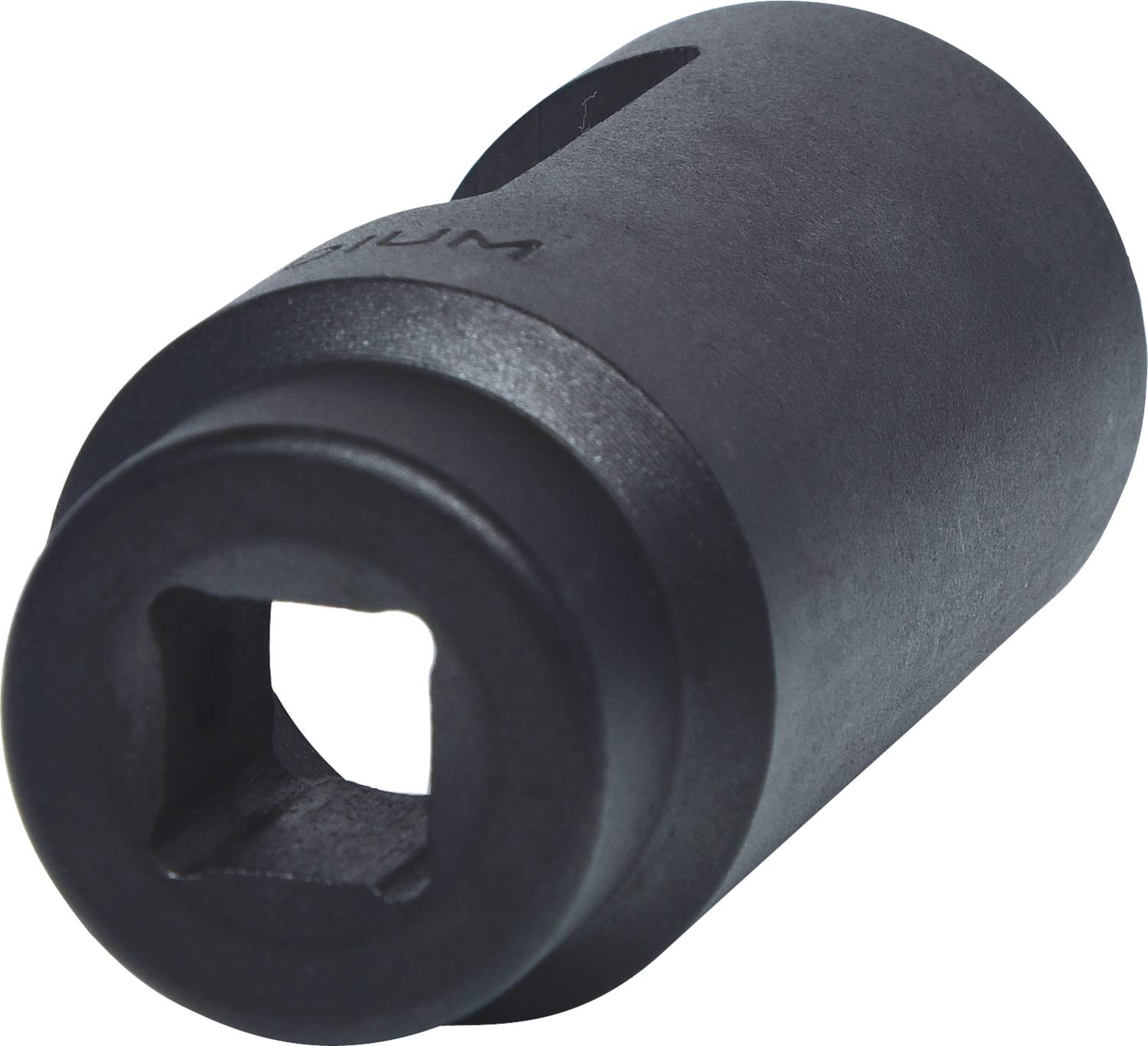 Ein schwarzer, zylindrischer Steckschlüsseleinsatz mit Vierkantaufnahme und leicht strukturiertem Finish liegt auf einem weißen Hintergrund.