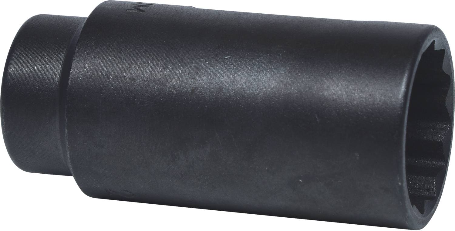 Ein schwarzer zylindrischer Steckschlüsselaufsatz mit sechseckigem Innenraum, vermutlich als Werkzeugaufsatz für Muttern oder Schrauben.
