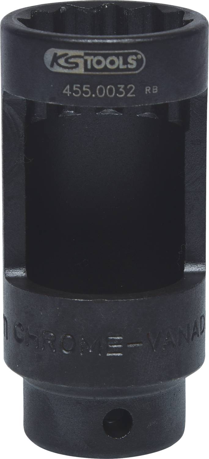 Eine schwarze Stecknuss mit Aufschrift 'KS TOOLS 455.0032'. Hergestellt aus Chrom-Vanadium-Stahl, geeignet für den professionellen Einsatz.