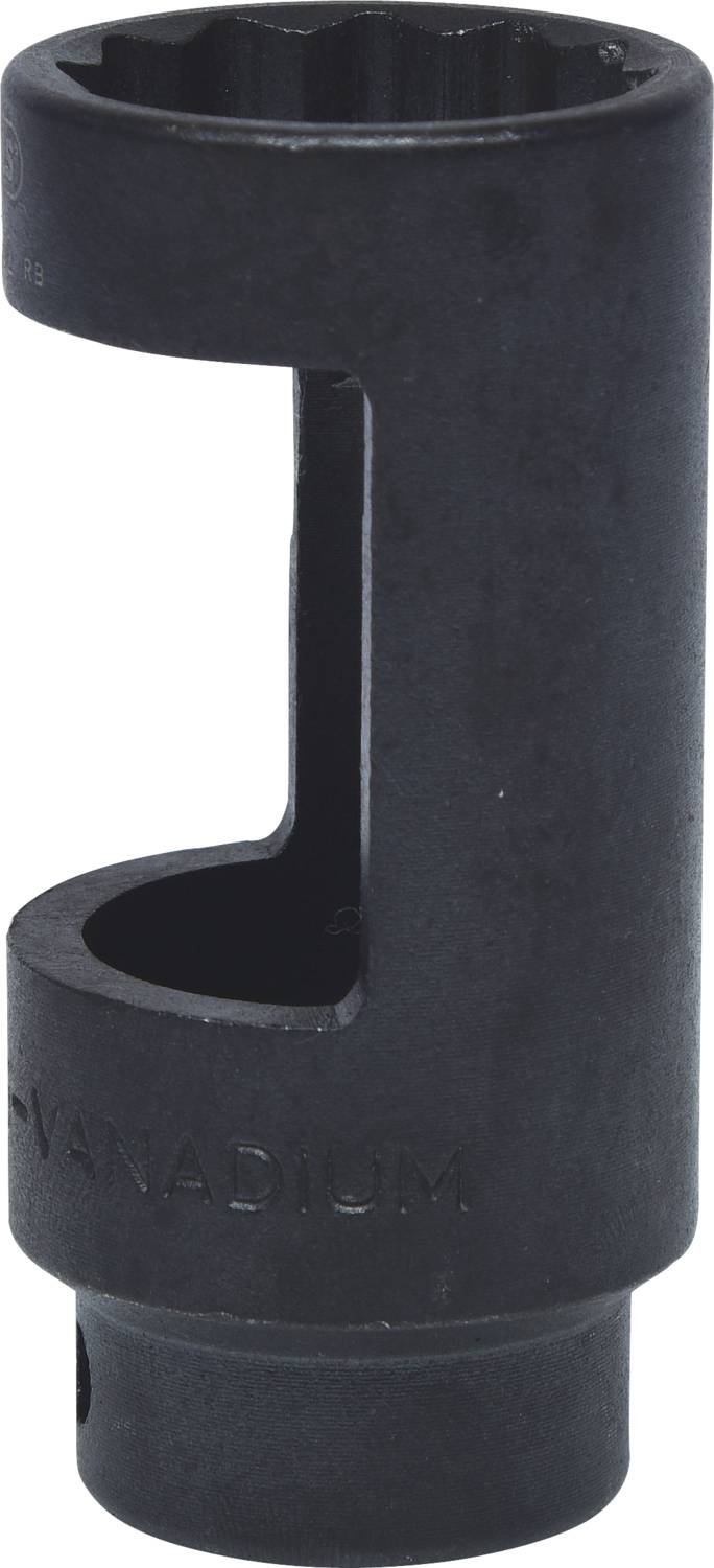 Ein schwarzer Steckschlüssel mit einem offenen Schlitz, der eine schwere Ausführung zeigt. Geeignet zur Anwendung an schwer zugänglichen Stellen.