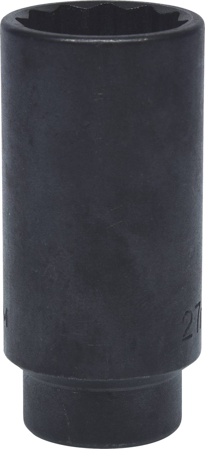 Langer schwarzer Steckschlüsselaufsatz mit einer sechseckigen Öffnung oben.