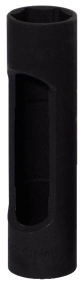 Langer, schwarzer Kunststoff-Griff mit ovaler Aussparung, vermutlich für Werkzeuge oder Griffeinsatz geeignet.