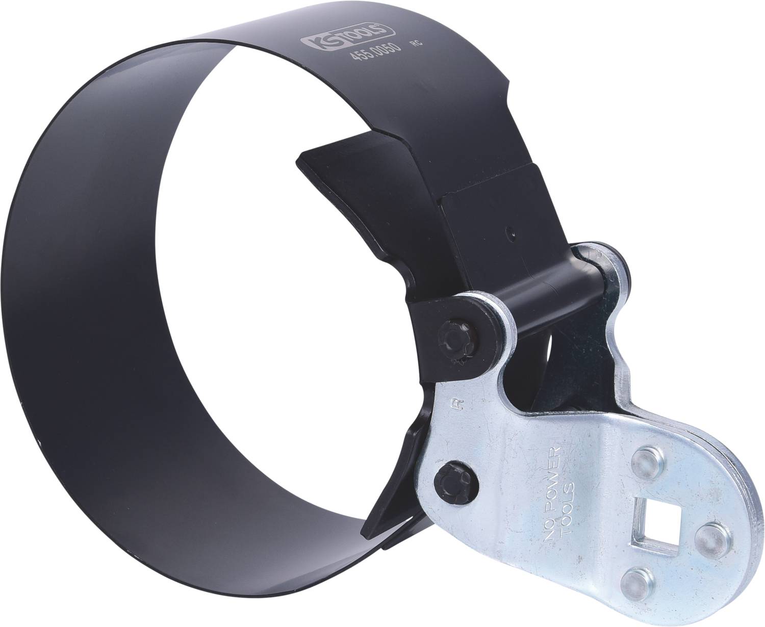 Metallischer Rohrhalter mit schwarzer, flexibler Klemme und silbernem Befestigungselement. Eignet sich zur sicheren Installation von Rohren.