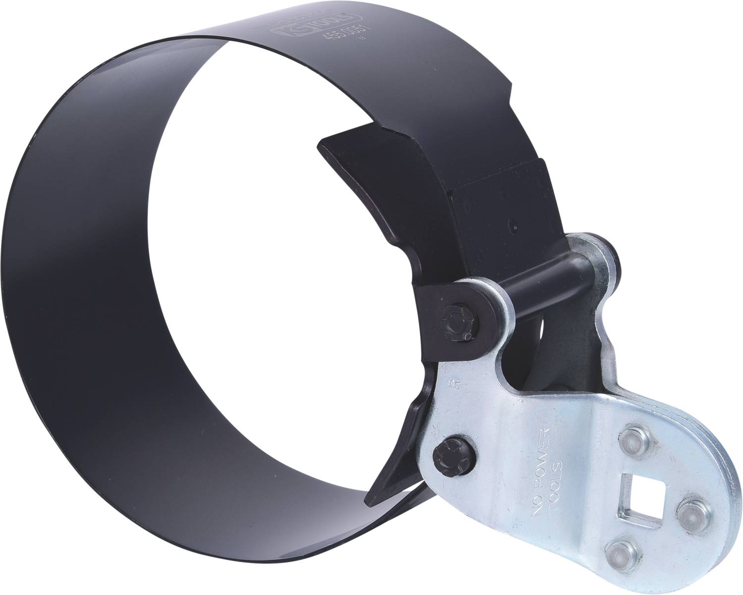 Metallhalterung mit schwarzem Band und silberner Verschlussmechanik. Wird zur Befestigung von Schläuchen oder Rohren verwendet.
