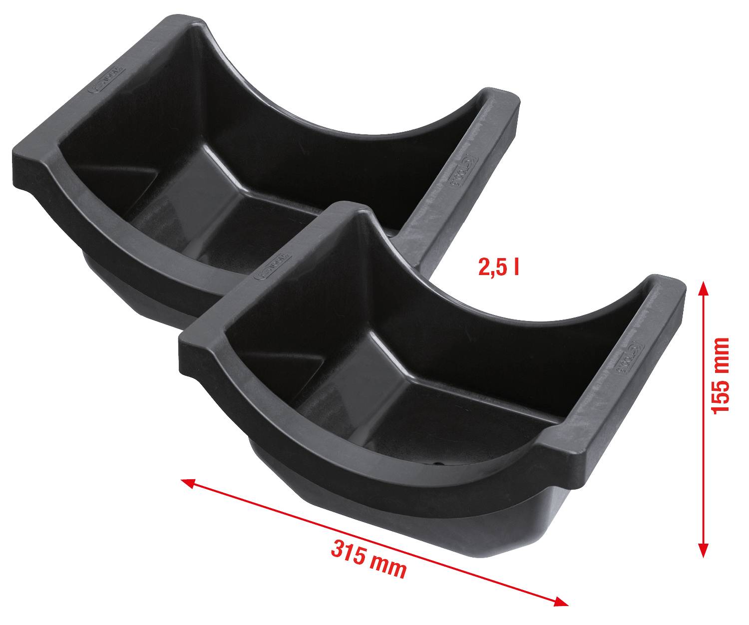 Zwei schwarze Kunststoffhalbschalen zur Lagerung von Fässern, jeweils 2,5 Liter Kapazität. Abmessungen: 315 mm x 155 mm.